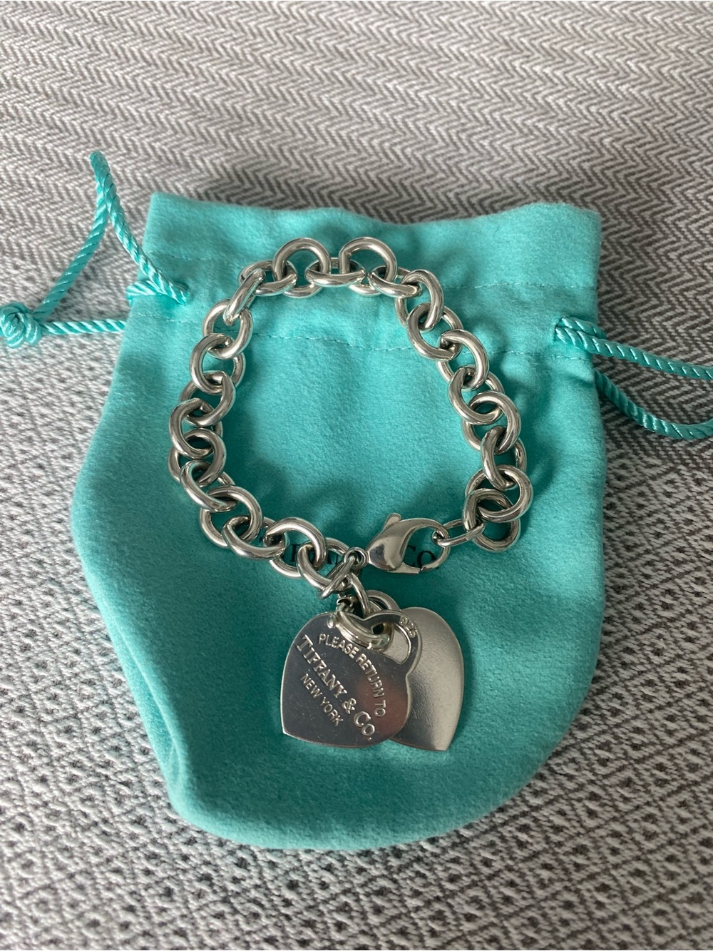 Tiffany & Co. Sterling Silver Heart Tag Charm Bracelet with Blue Pouch